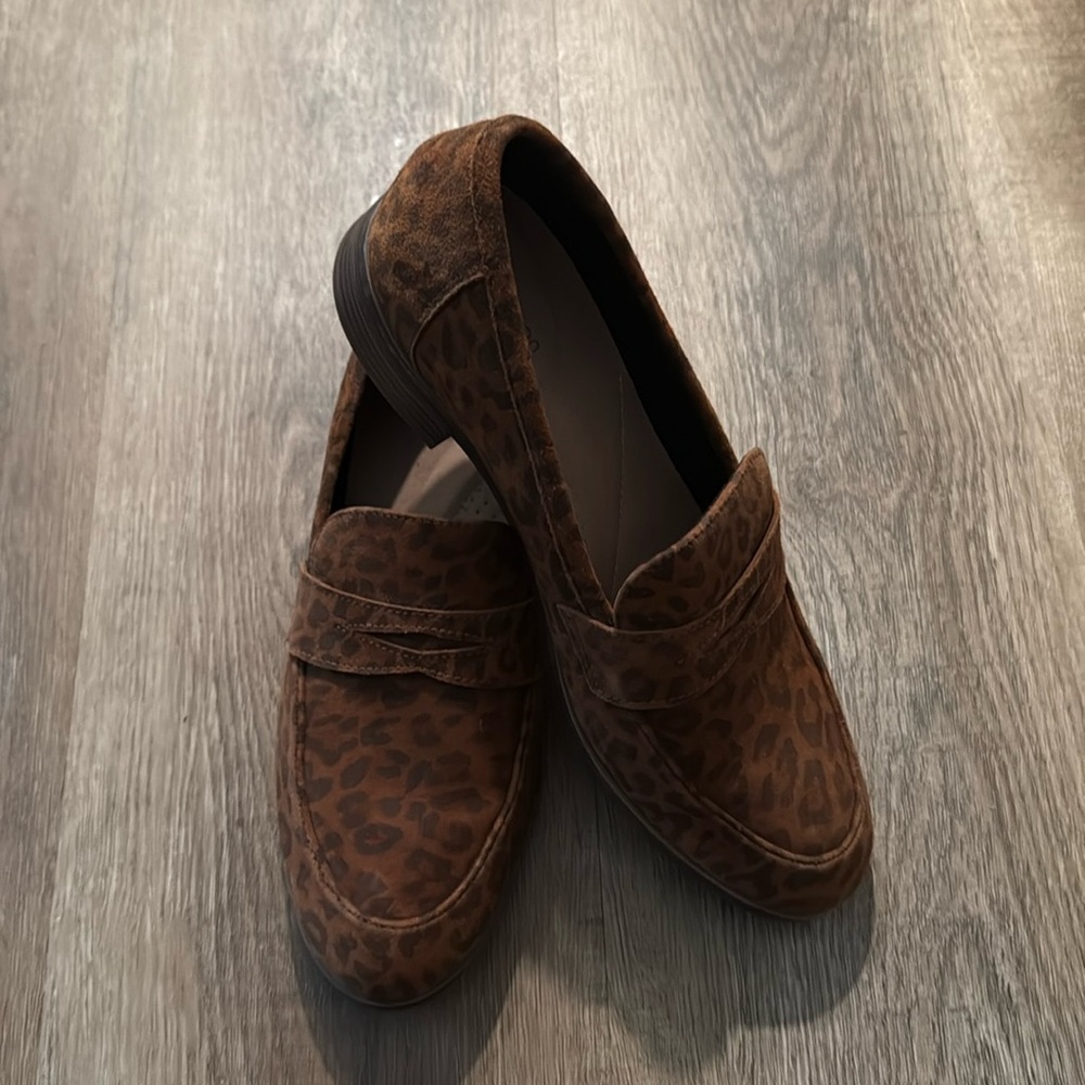 Clarks Brown Leopard Print Suede Loafers